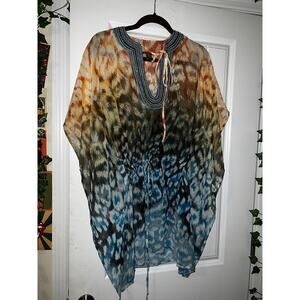 Neiman Marcus animal print colorful swim coverup tunic dress beaded unique XS